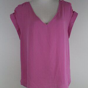 Pink V-Neck Button Shoulder Blouse L NY & Company Sleeveless Office Career Top
